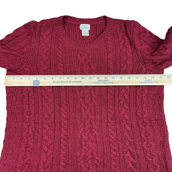 LL Bean Irish Wool Cable Knit Sweater Women's L Red Aran Fisherman Crew Ireland - Picture 10 of 11